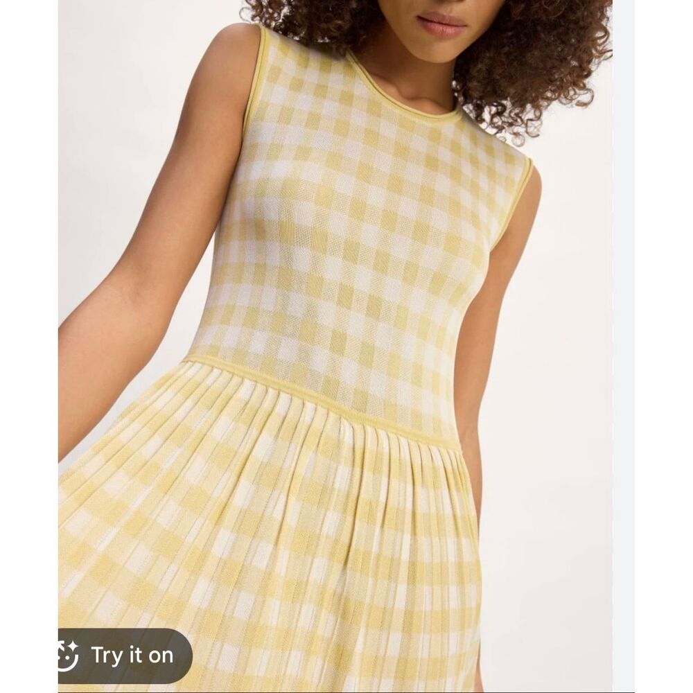 Everlane the knit yellow gingham pleated midi dress small - Picture 10 of 11